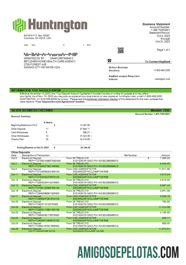 Baixável Huntington Bancshares Corporate Bank Statement modelo Word e PDF